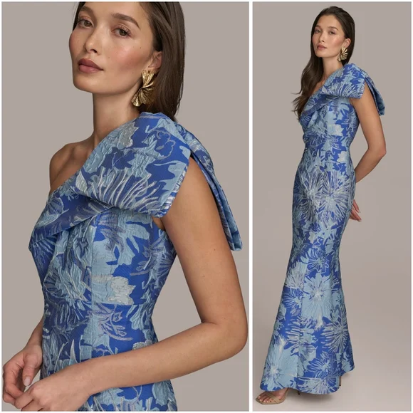 Donna Karan Floral Brocade One Shoulder Bow Gown Dazzling Blue Multi 8 - Picture 2 of 10